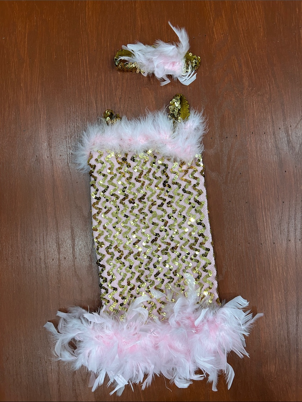 Sequin Feathered Kids Headband & Scarf Set - Pink and Gold